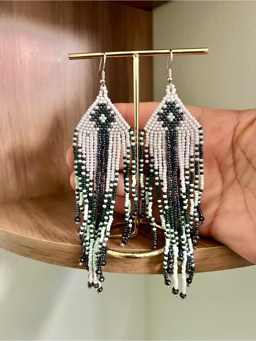 Handcrafted Geometric White Black and Pale Pistachio Green Beaded Earring